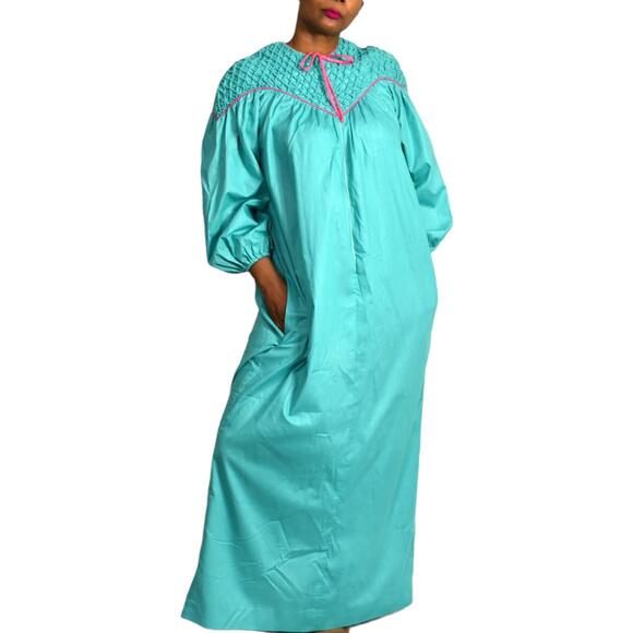 Vintage Robe House Coat Loungewear Green Gown Muumuu Lounge Dress Maxi Small - Picture 11 of 16